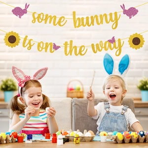 Gold glitter some bunny is on the way banner for baby shower and Easter party decorations
