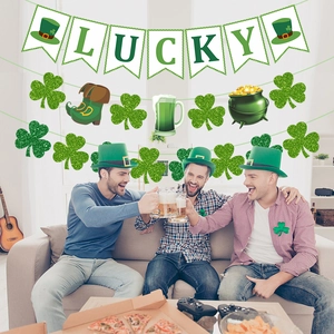 St. Patrick's Day party decoration set with Lucky banner and green clover hanging swirls