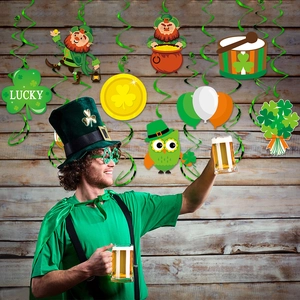 St. Patrick's Day hanging decorations featuring green spirals and lucky clover motifs