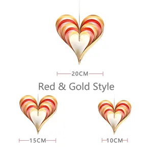 3D-Herz-Hängedeko in Rot und Gold, 3er-Set in den Größen 20cm, 15cm und 10cm