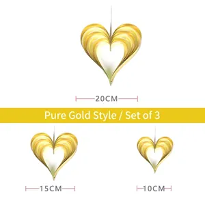 Dreiteiliges Set goldener 3D-Herzanhänger in den Größen 20 cm, 15 cm und 10 cm