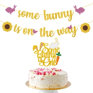 Easter Bunny Banner And Cake Topper Glitter Paper Gold Shimmer Sunflower Carrot Decor Party Baby Shower Birthday Cute