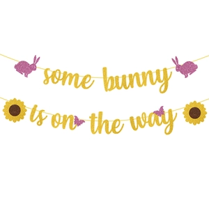 Glittery 'some bunny is on the way' banner for Easter baby shower party decorations
