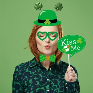 Saint Patrick's Day party set with clover headband, heart glasses and bow tie