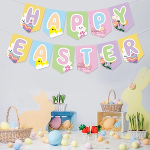 Happy Easter banner with colorful bunny and egg patterns for festive party decoration