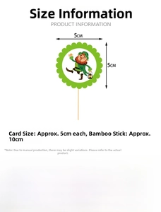 Detailed size specifications for St. Patrick's Day 5cm cupcake toppers and 10cm picks