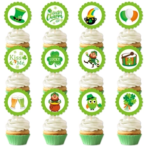 St. Patrick's Day cupcake toppers featuring shamrocks and lucky charms party decor