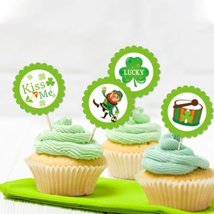 St. Patrick's Day cupcake toppers with lucky clovers and green Irish party themes