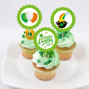 Detail of St. Patrick's Day cupcake toppers with lucky charm and rainbow designs