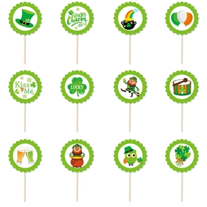 Detailed grid of 12 St. Patrick's Day cupcake toppers featuring leprechaun hats and shamrocks