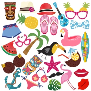 Colorful 25-piece summer party photo booth props with tropical tiki masks and flamingoes