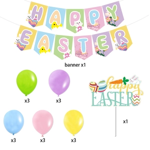 Colorful Happy Easter banner set with balloons and festive rabbit cake toppers
