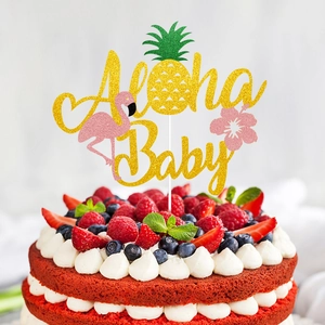 Cake Topper Glitter Paper Hawaii Tropical Style Flamingo Pineapple For Birthday Baby Shower Party Decor