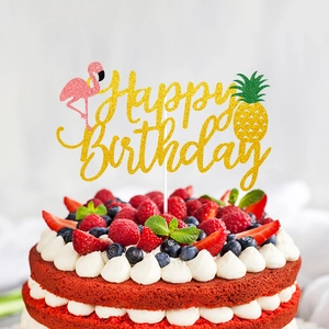 Golden Happy Birthday cake topper with pink flamingo and pineapple tropical theme