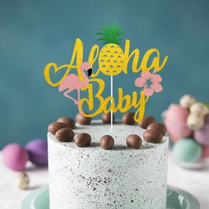 Glittery Aloha Baby cake topper with flamingo and pineapple for Hawaiian party decor