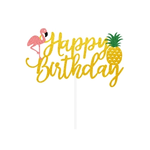 Glittery Happy Birthday cake topper with pink flamingo and pineapple tropical decorations