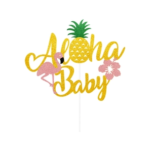 Glittery gold Aloha Baby cake topper with flamingo and pineapple party decorations