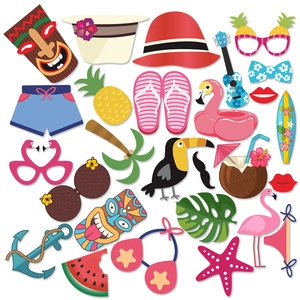 Hawaii Beach Photo Booth Props Hawaiian Summer Tropical Party Decoration Props Tiki Flamingo Pineapple Paper Mask DIY Funny Kit Luau Party