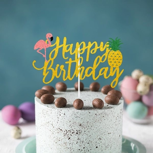 Glittery Happy Birthday cake topper with flamingo and pineapple tropical party decor