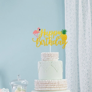 Glittering Happy Birthday cake topper with pink flamingo and pineapple decorations