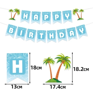 Tropical Hawaii happy birthday banner with blue ocean waves and palm tree accents