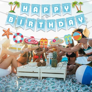 Tropical Hawaiian beach theme Happy Birthday banner with palm trees and starfish decor