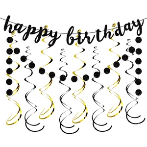 Bannière Happy Birthday noir et or avec des tourbillons suspendus assortis pour fête