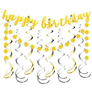 Kit bannière Happy Birthday pailletée dorée avec spirales métalliques pour décoration