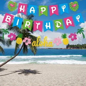 Tropical Hawaiian birthday banner set with Happy Birthday letters and cactus party decor