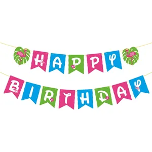 Detail of pink and blue Happy Birthday cactus banner with tropical flamingo motifs