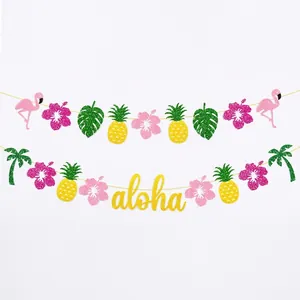 Sparkly tropical banner with glitter flamingo, pineapple and hibiscus for beach party