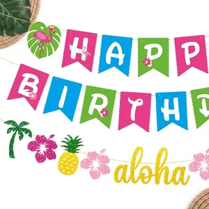 Hawaiian Luau party banner with glitter Aloha text and tropical flamingo decorations