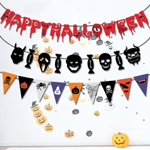 Halloween party banner set with bloody text, horror silhouettes, and colorful pumpkin flags