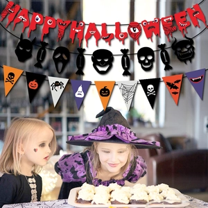 Halloween banner set including Happy Halloween letters, ghost silhouettes and pennant flags