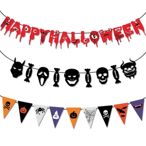 Halloween banner set with bloody text, skull silhouettes, and colorful pumpkin patterns