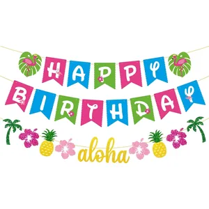 Tropical Birthday Party Banner Glitter Aloha Happy Birthday Luau Paper Bunting With Flamingo Pineapple Palm Tree Decor