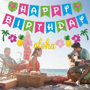 Tropical Hawaii Aloha Happy Birthday banner set with flamingo and pineapple decorations