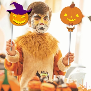 Halloween pumpkin handheld photo props with wizard hat and bowtie for party decorations