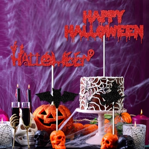 Glittery Happy Halloween cake topper set with black bats and witch silhouette decor