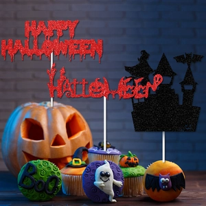 Happy Halloween cake topper set with glitter letters and castle silhouette on cakes