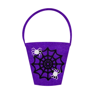 Purple felt Halloween candy bag with black spider web pattern and white spider details