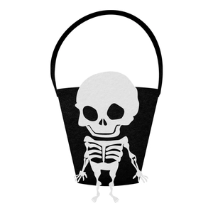 Halloween black felt candy bag featuring white cartoon skeleton pattern and handles