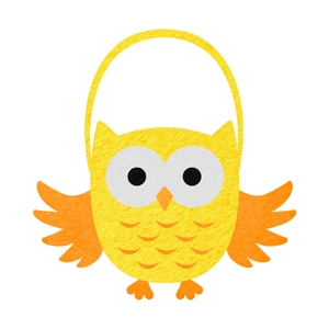 Detail of yellow owl felt candy bag featuring orange wings and laser-cut handle