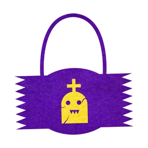 Detail of purple felt Halloween candy bag featuring a yellow tombstone cartoon design
