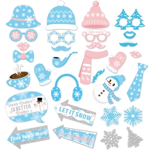 Winter Theme Photobooth Props Set Paper Snowflake Eyeglasses Mustache Bowknot For Christmas Birthday Party Photography Bundle Accessories
