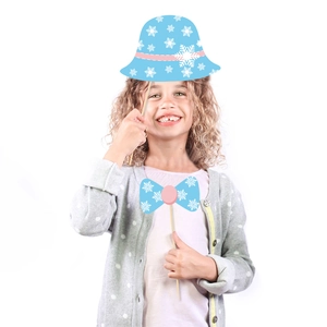 Winter party photo props kit with blue snowflake hat and bowtie for birthday events