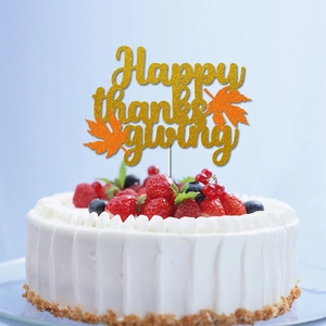 Décoration de gâteau Happy Thanksgiving dorée avec feuilles d'érable sur gâteau aux fruits