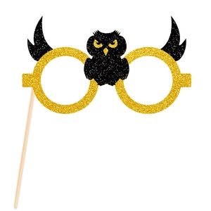 Accessoire photo lunettes hibou Halloween avec paillettes dorées et tige en bois