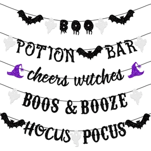 Halloween Glitter Paper Banners Bat Ghost Witch Hat Design Party Hanging Decorations Spooky Theme Ornaments