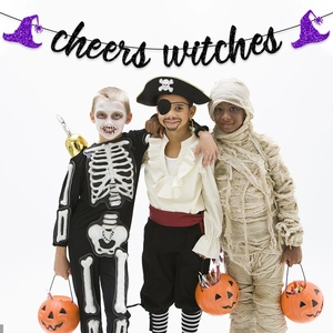 Halloween cheers witches banner with purple glitter hats and kids in costumes decor